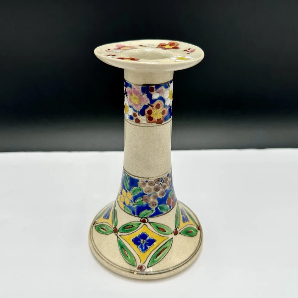 Boho Hand Painted Candlestick Holder 6” Japan Flowers Glazed Ceramic